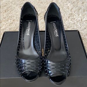 Aquatalia black patent peep-toe heels